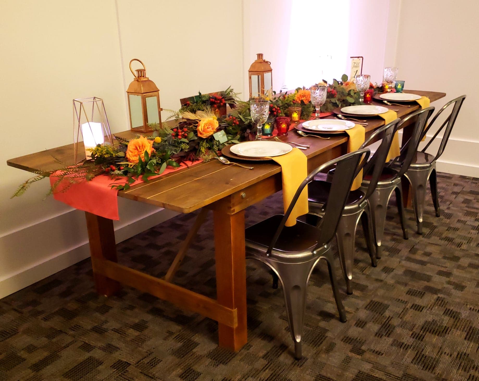 fall event table with floral runner
