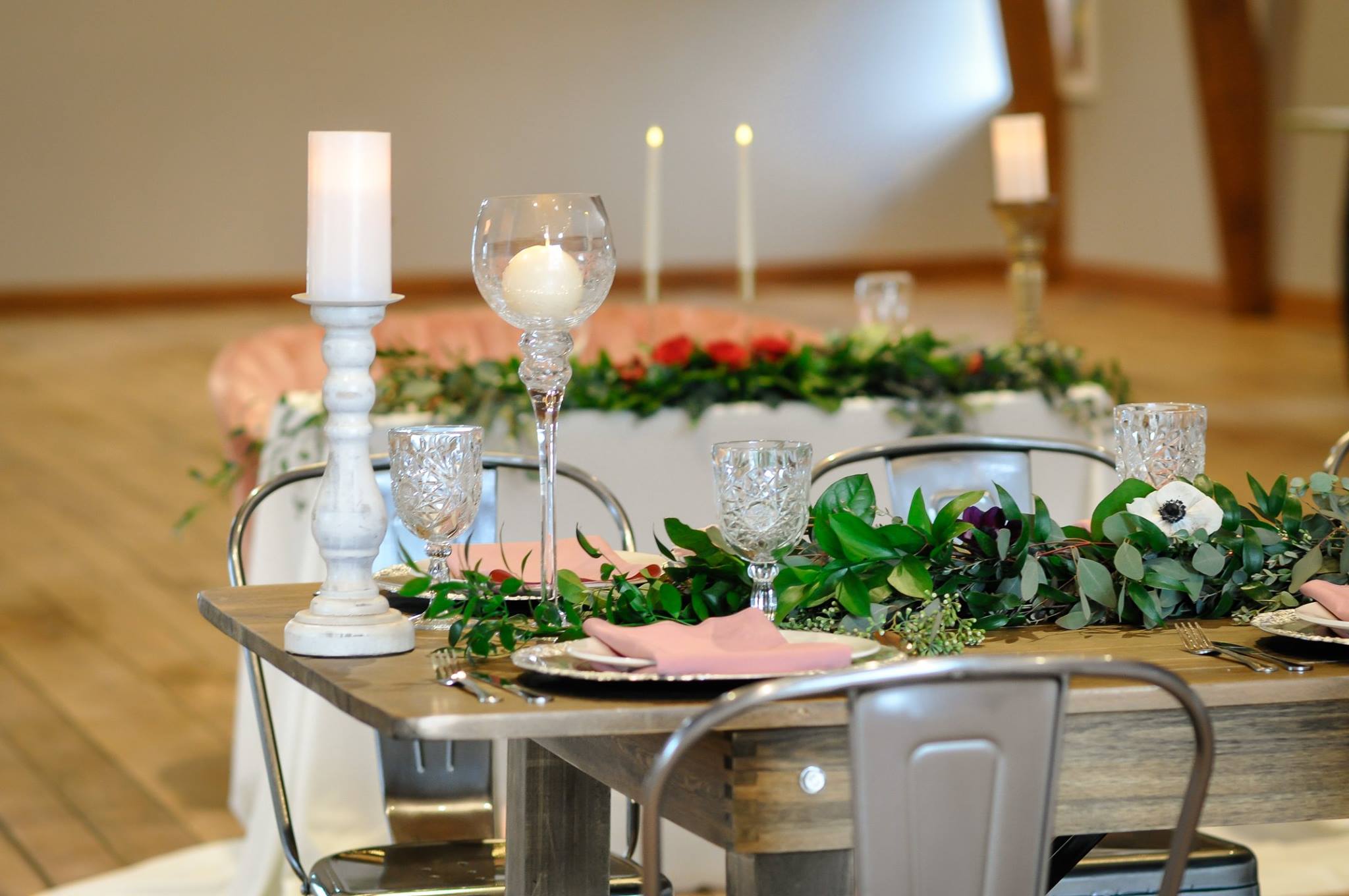 greenery table runner with crystal candle holders