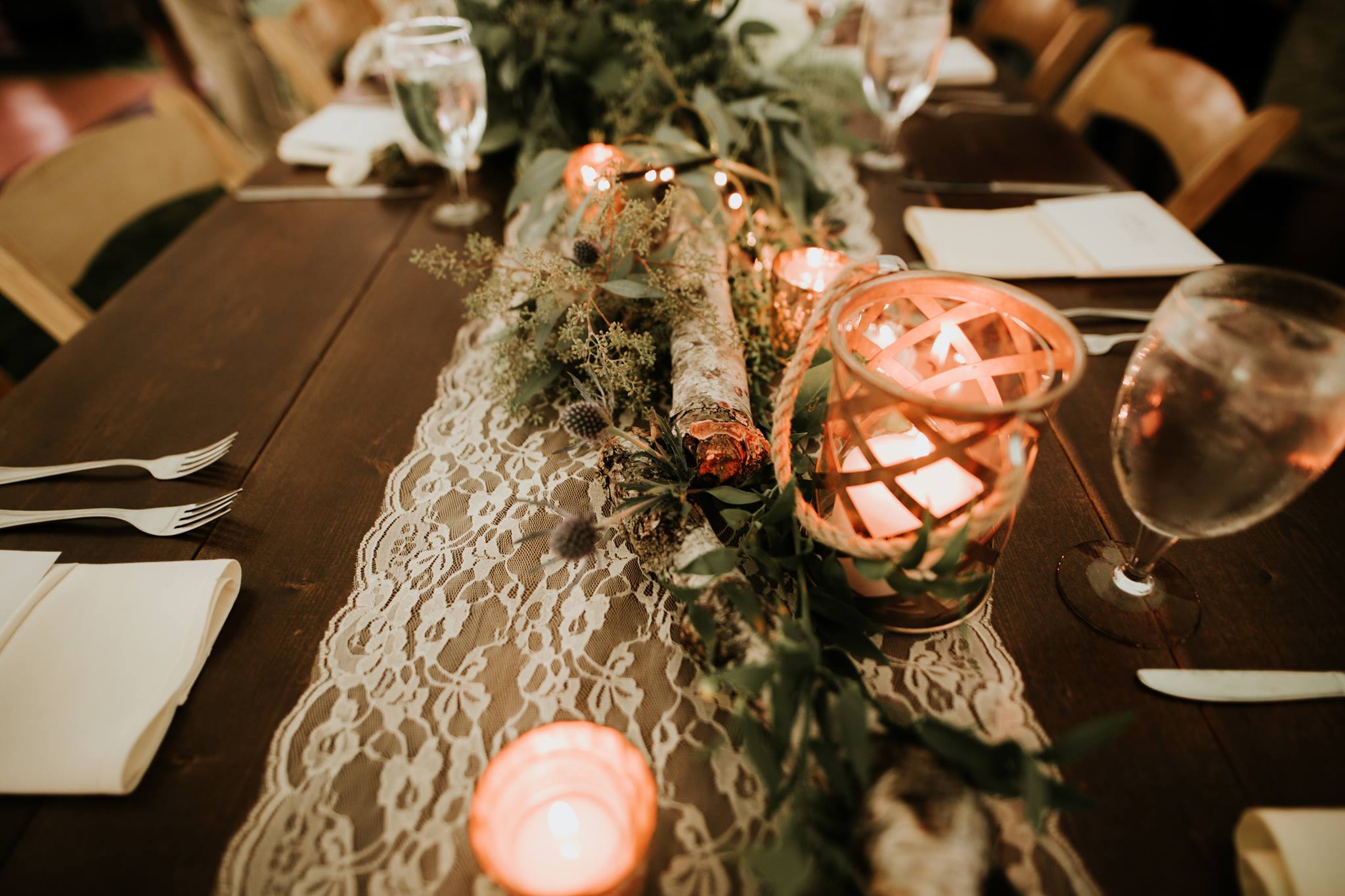 lace table runner with greenery