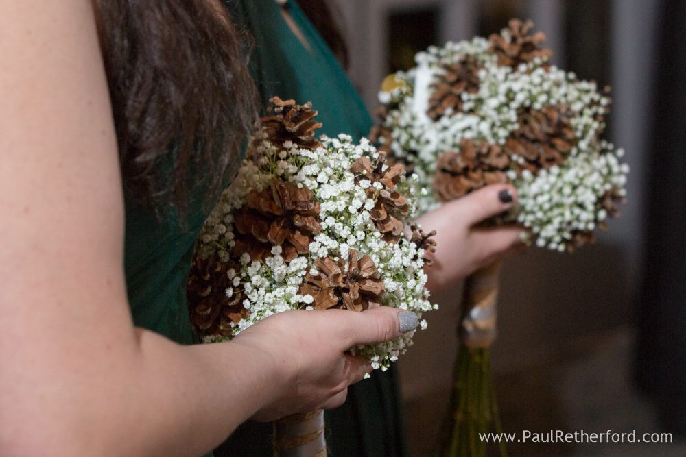 babys breath and pinecone bouquets
